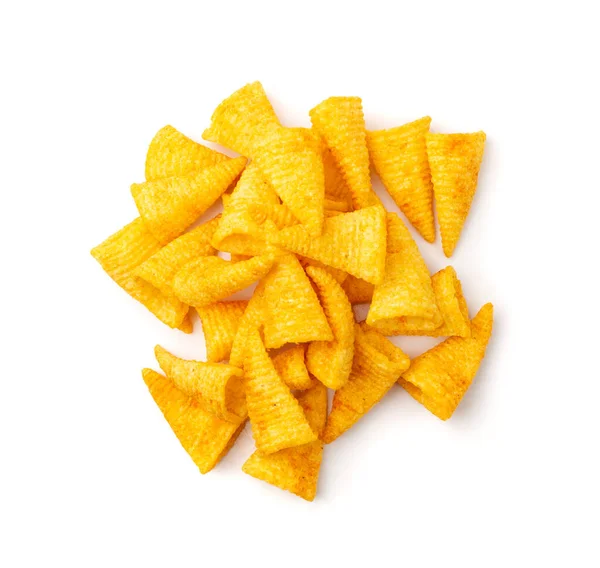 Maïskegel Stapel Geïsoleerd Bugles Chips Puffs Met Specerijen Knapperige Gepofte — Stockfoto