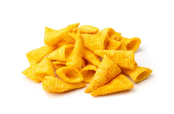 Pasta Cone Milho Isolada Bugles Chips Puffs Com Especiarias Lanches — Fotografia de Stock