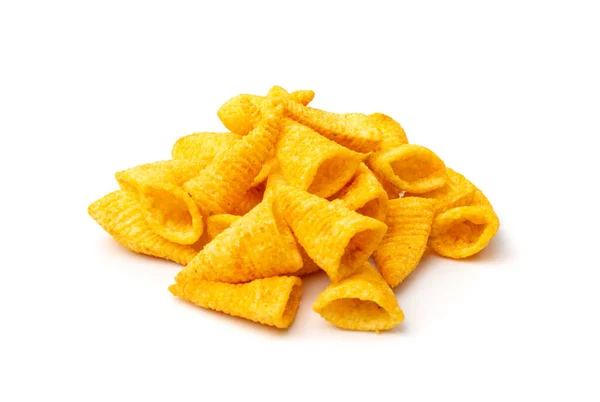 Maiskegelstapel Isoliert Bugles Chips Blätterteig Mit Gewürzen Knusprige Puffsnacks Salzige — Stockfoto