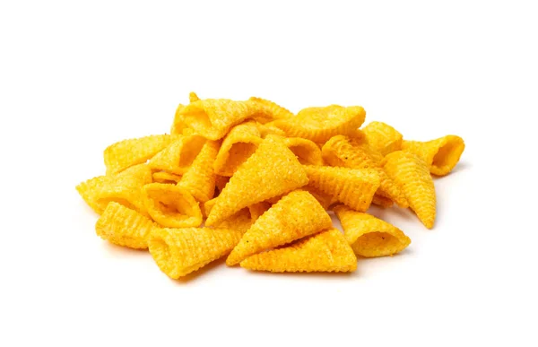 Maiskegelstapel Isoliert Bugles Chips Blätterteig Mit Gewürzen Knusprige Puffsnacks Salzige — Stockfoto