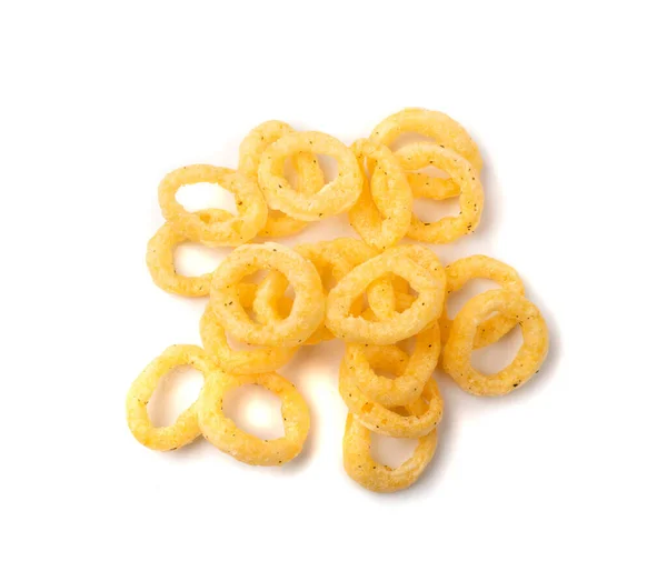 Corn Rings Pile Isolated Cheese Puffs Spices Crunchy Puffed Snacks — Stock Photo, Image