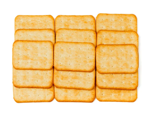 Hromada Crackerů Izolovaná Čtvercové Sušenky Suché Sušenky Grahamové Občerstvení Bílém — Stock fotografie