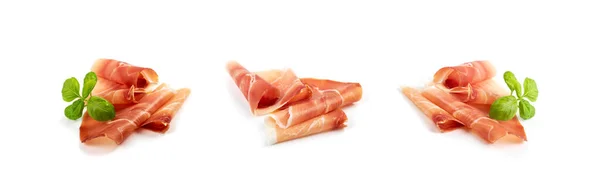 Scheiben Prosciutto Isoliert Spanisches Marmeladenset Parmaschinken Serrano Iberico Auf Weißem — Stockfoto