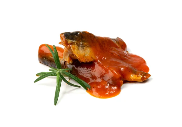 Fisk Tomatsås Isolerad Stekt Sill Skarpsill Konserverad Makrill Med Ketchup — Stockfoto