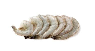 Fresh shrimp tails isolated. Raw headless prawn, pacific shrimp, uncooked tiger prawns, jumbo seafood on white background clipart