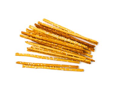 Ekmek çubukları izole. Simit çubukları, pipetler, susamlı Grissini, çerezler, susamlı ekmek çubuğu, beyaz arka planda uzun ruslar.