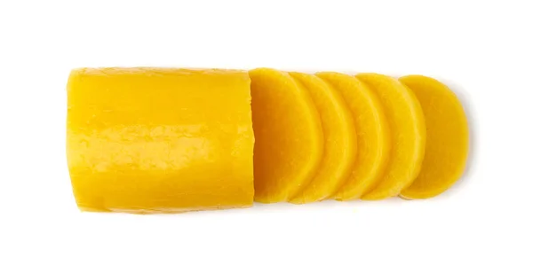 Απομονωμένος Πικραμμένος Ντάικον Μαριναρισμένο Κίτρινο Ραπανάκι Φέτες Πίκλες Daikon Ζυμώνοντας — Φωτογραφία Αρχείου