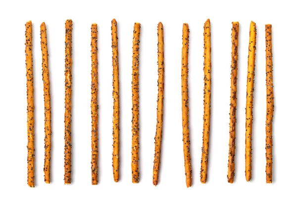 Broodstokjes Geïsoleerd Pretzel Sticks Papaverzaadjes Grissini Pretzels Snack Broodstokjes Rietjes — Stockfoto