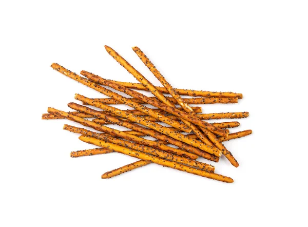 Ψωμάκια Απομονωμένα Πρέτζελ Sticks Pile Καλαμάκια Παπαρουνόσποροι Grissini Πρέτζελ Snack — Φωτογραφία Αρχείου