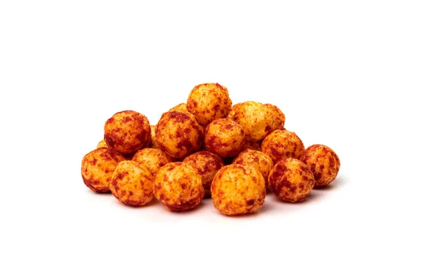 Red Corn Balls Pile Isolated Puffs Spices Crunchy Chili Pepper — Stock Photo, Image