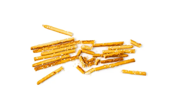 Bread Sticks Isolated Crumbled Broken Pretzel Sticks Straws Pieces Sesame — Stock Photo, Image