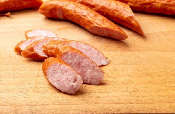 Smoked Sausage Cut Hunting Salami Slices Chorizo Pieces Wurst Poland — Stock Photo, Image