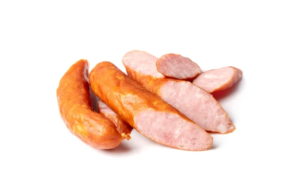 Smoked Sausage Slices Isolated Hunting Salami Cuts Chorizo Wurst Poland — Stock Photo, Image