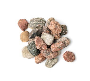 Renkli çakıl taşları izole edildi. River Stones Group, Bazalt Parça Kümesi Beyaz Arkaplan Üst Görünümü