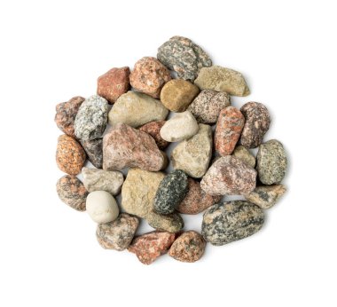 Renkli çakıl taşları izole edildi. River Stones Group, Bazalt Parça Kümesi Beyaz Arkaplan Üst Görünümü