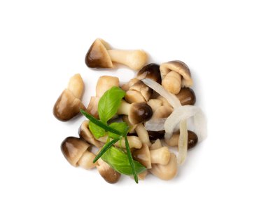 İzole edilmiş saman mantarları. Terbiye edilmiş mantar yığını, volvariella turşusu, sağlıklı beslenme aperatifi, agarik koruma, beyaz arka planda tuzlanmış mantar.