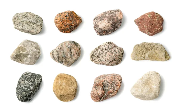 stock image Colorful Pebbles Set Isolated. River Stones Collection, Basalt Pieces on White Background Top View