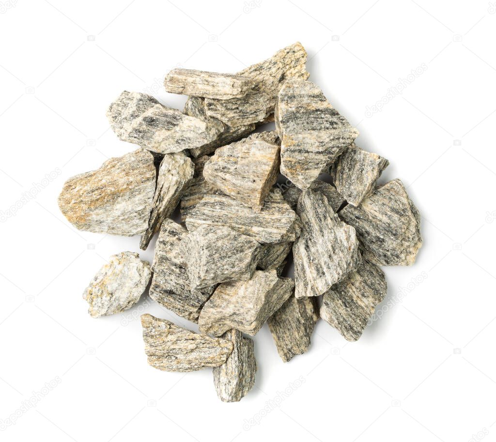 Gneiss pebbles pile Isolated. Granodiorite stones group, grey basalt pieces heap on white background top view