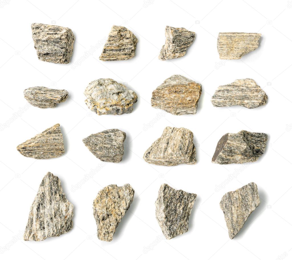 Gneiss pebbles set Isolated. Granodiorite stones group, layered, striped gray stone bark, grey basalt pieces collection on white background top view