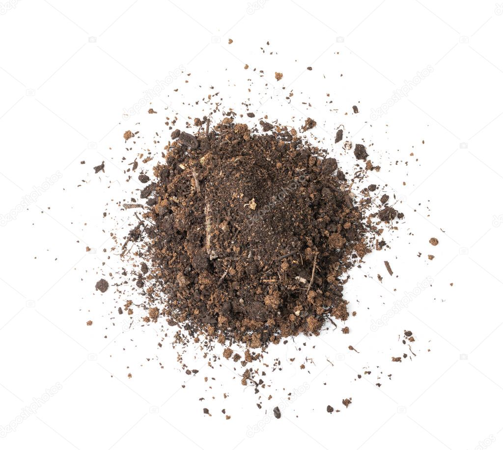 Peat soil isolated. Dried dry dirt, ground pile, manure soil, arid dirt, natural black turf, dirty earth texture on white background top view