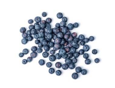 Blueberries pile isolated. Blueberry, forest blue berry, scattered bluberry, bilberry, fresh blueberries, huckleberry on white background top view