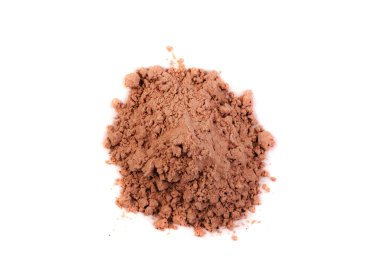 Carob powder pile isolated. Ceratonia siliqua powdered seeds, carob flour on white background top view