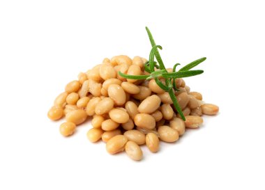 White kidney beans isolated. Cooked cannellini bean pile, baked legume, canned yellow beans, Phaseolus vulgaris, haricot stew, boiled leguminous ingredient on white background