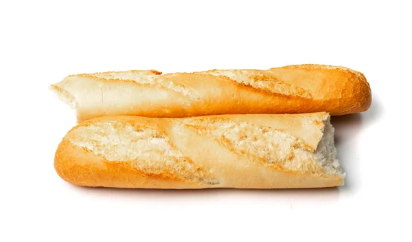Разбитый Французский Багет Изолирован Длинный Хлеб Два Куска Булочки Свежими — стоковое фото