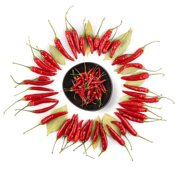 Hot Chili Peppers Bay Leaf Isolated White Background Top View — Stockfoto
