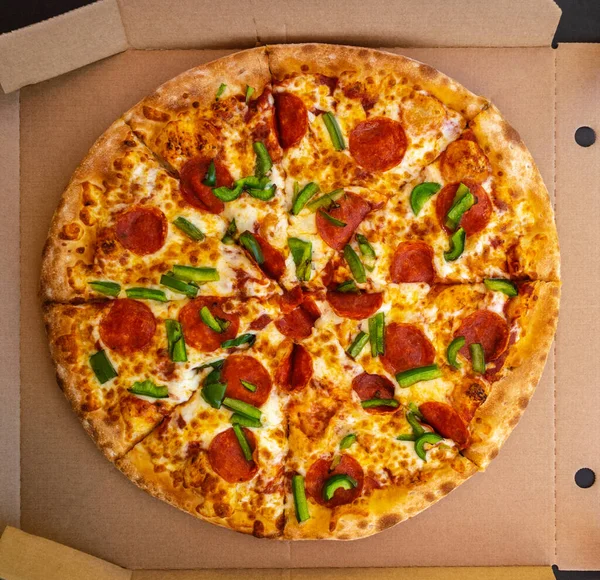 Pepperoni Pizza Cardboard Delivery Box Salami Pizza Green Paprika Chili — Stock Photo, Image