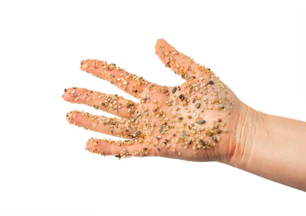 Σκληρή Άμμος Χέρια Απομονωμένα Φίλτρο Νερού Ψιλό Χαλίκι Χούφτα Άμμο — Φωτογραφία Αρχείου
