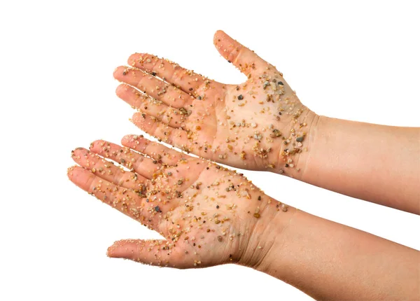 Coarse Sand Hands Isolated Water Filter Fine Gravel Handful Grit — Fotografia de Stock