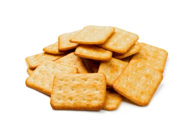 Cracker pile isolated. Square biscuits, dry biscuit cookies, graham snacks on white background