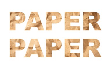 Crumpled Craft Paper Word Isolated. Wrinkled Sheet Letters, Paper Concept