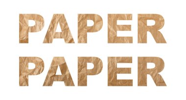 Crumpled Craft Paper Word Isolated. Wrinkled Sheet Letters, Paper Concept