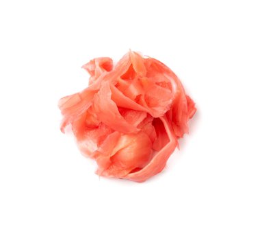Pickled ginger isolated. Marinated ginger slices pile, pickled gari, sushi ingredients on white background top view