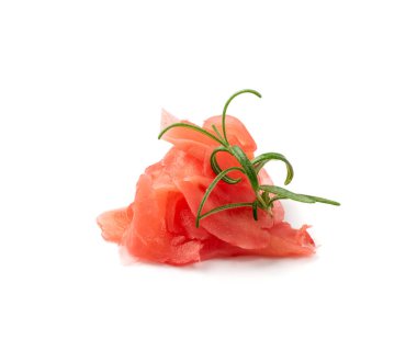 Pickled ginger isolated. Marinated ginger slices pile, pickled gari, sushi ingredients on white background side view
