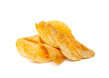 Potato chips pile isolated. Crispy thin potato snack heap, fast food snacks group on white background