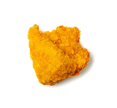 Chicken strips isolated. Breaded nuggets, crispy fry chicken breast, boneless meat, american deep fried crunchy fillet pieces on white background top view