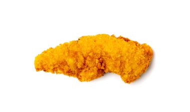 Chicken strips isolated. Breaded nuggets, crispy fry chicken breast, boneless meat, american deep fried crunchy fillet pieces on white background top view