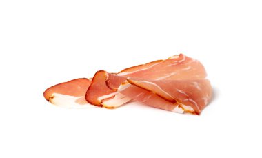 Prosciutto izole edildi. İspanyol jambonu, parma jambonu, dilimlenmiş Serrano, Iberico, İspanyol jambonu, beyaz arka planda pişirilmiş et.