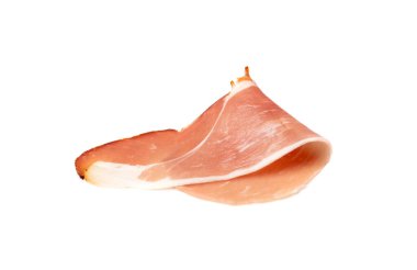 Prosciutto izole edildi. İspanyol jambonu, parma jambonu, dilimlenmiş Serrano, Iberico, İspanyol jambonu, beyaz arka planda pişirilmiş et.