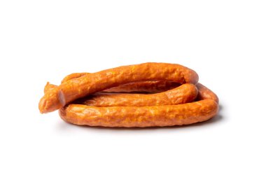 Smoked sausage isolated. Hunting salami, chorizo, wurst, poland kielbasa, frankfurt sausage, longaniza on white background side view