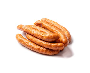 Smoked sausage isolated. Hunting salami, chorizo, wurst, poland kielbasa, frankfurt sausage, longaniza on white background side view