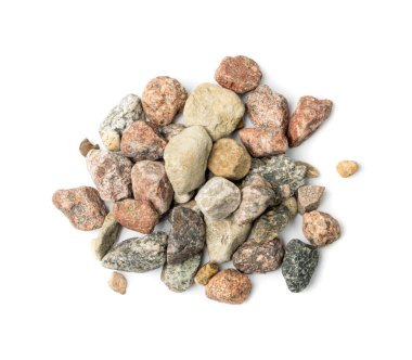 Renkli çakıl taşları izole edildi. River Stones Group, Bazalt Parça Kümesi Beyaz Arkaplan Üst Görünümü