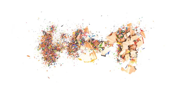 Pencil shavings, pencil lead trash isolated. Color pencils shaving garbage, scattered waste or cutting peel on white background