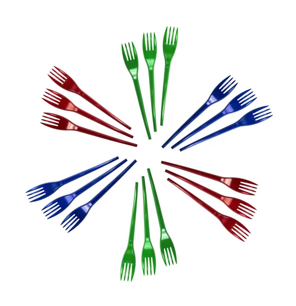 Plastic Forks Isolated White Background Disposable Multicoloured Tableware Red Green — ストック写真