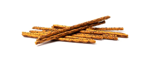 Bread Sticks Isolated Pretzel Sticks Pile Straws Poppy Seeds Grissini —  Fotos de Stock
