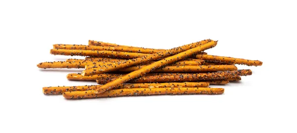 Ψωμάκια Απομονωμένα Πρέτζελ Sticks Pile Καλαμάκια Παπαρουνόσποροι Grissini Πρέτζελ Snack — Φωτογραφία Αρχείου