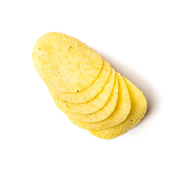 Kartoffelchips Stapeln Sich Isoliert Knusprige Dünne Kartoffeljause Fast Food Snacks — Stockfoto